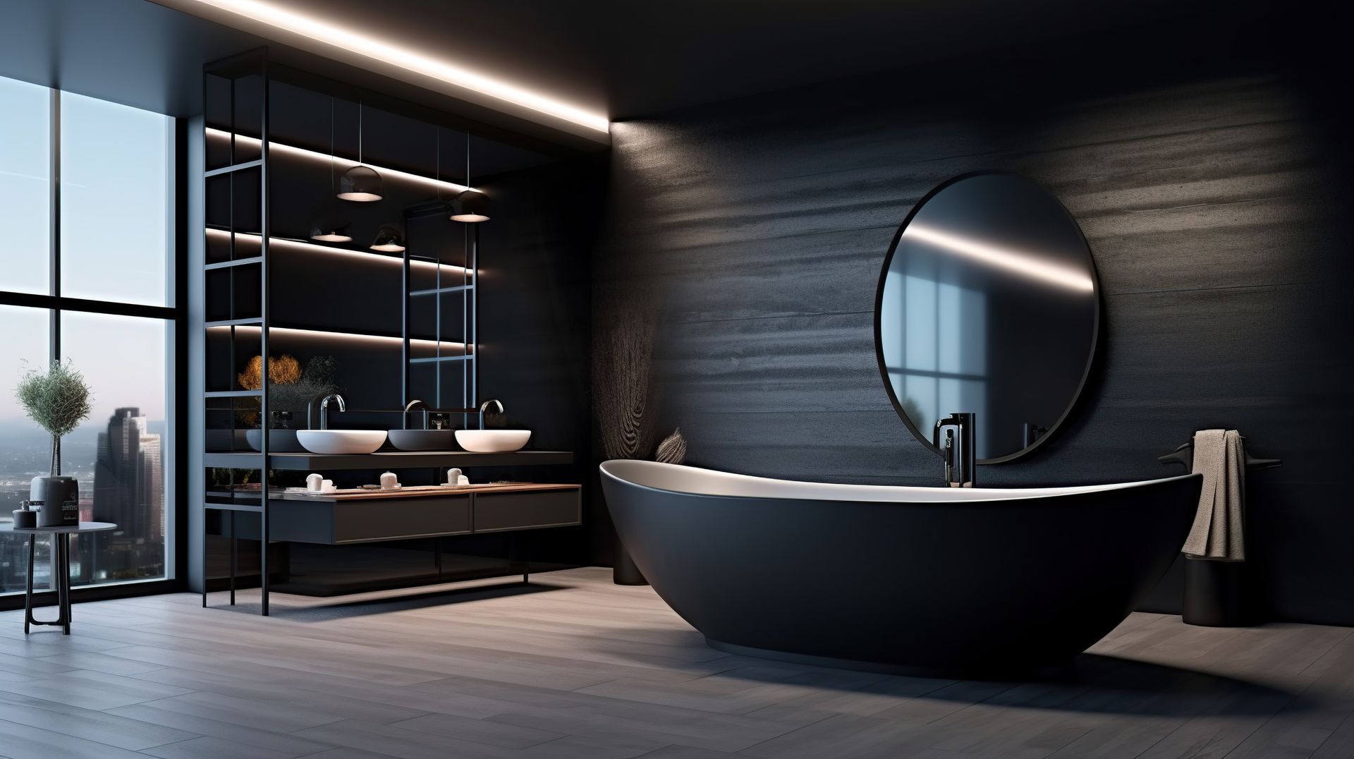 A bathroom with a black tub , sinks , and mirror.