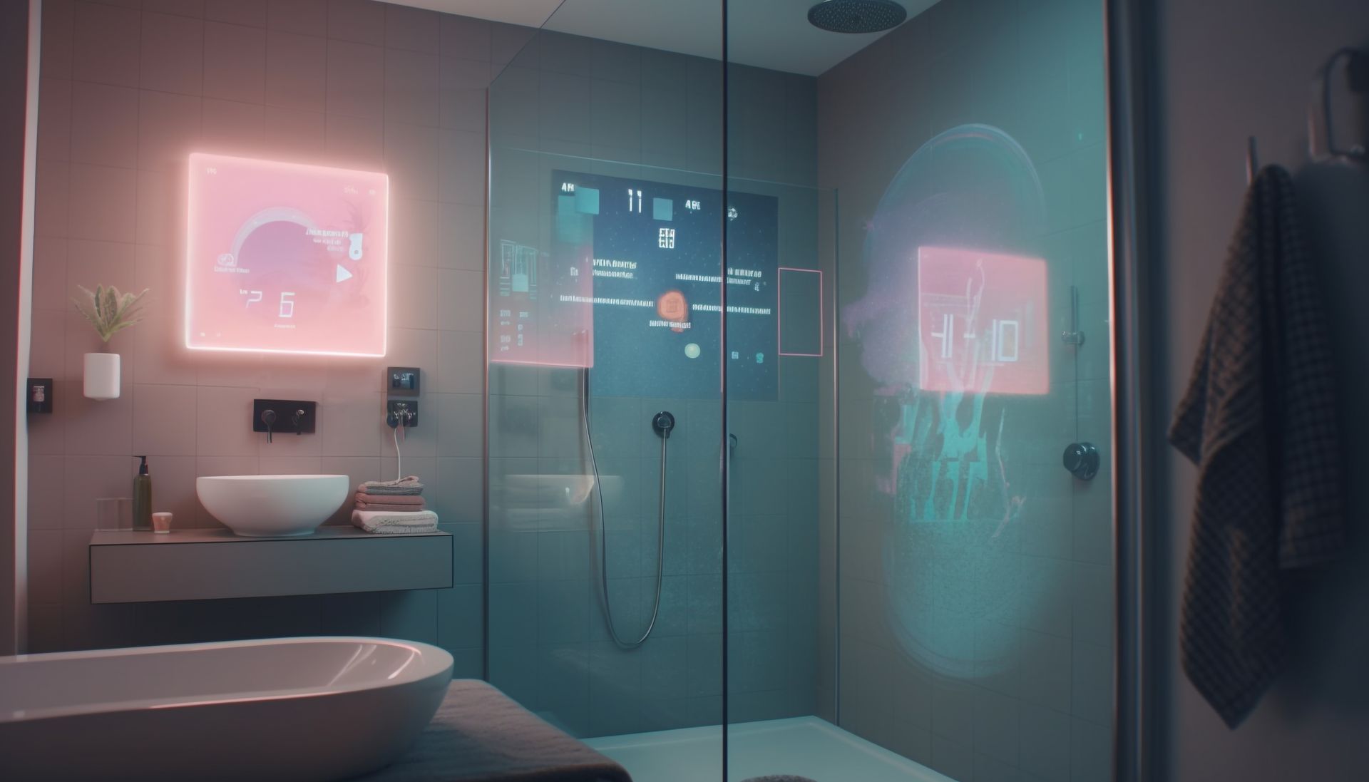 A bathroom with a sink and a shower with a screen projected on the wall.