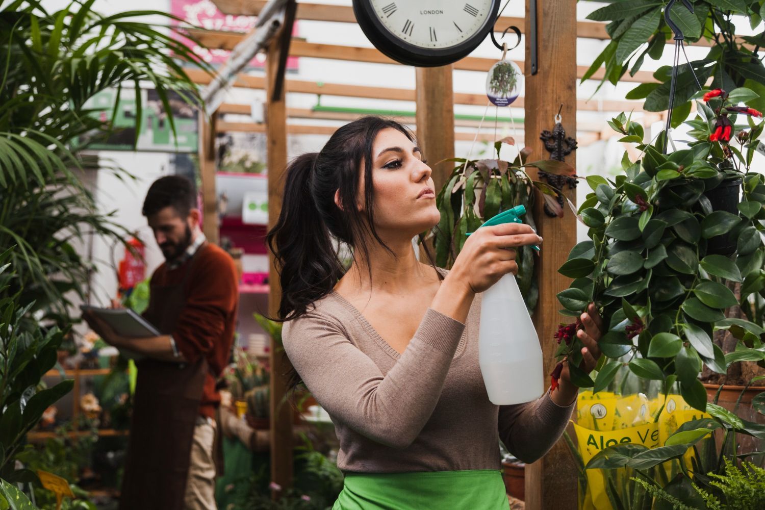 A woman is spraying plants in a greenhouse.