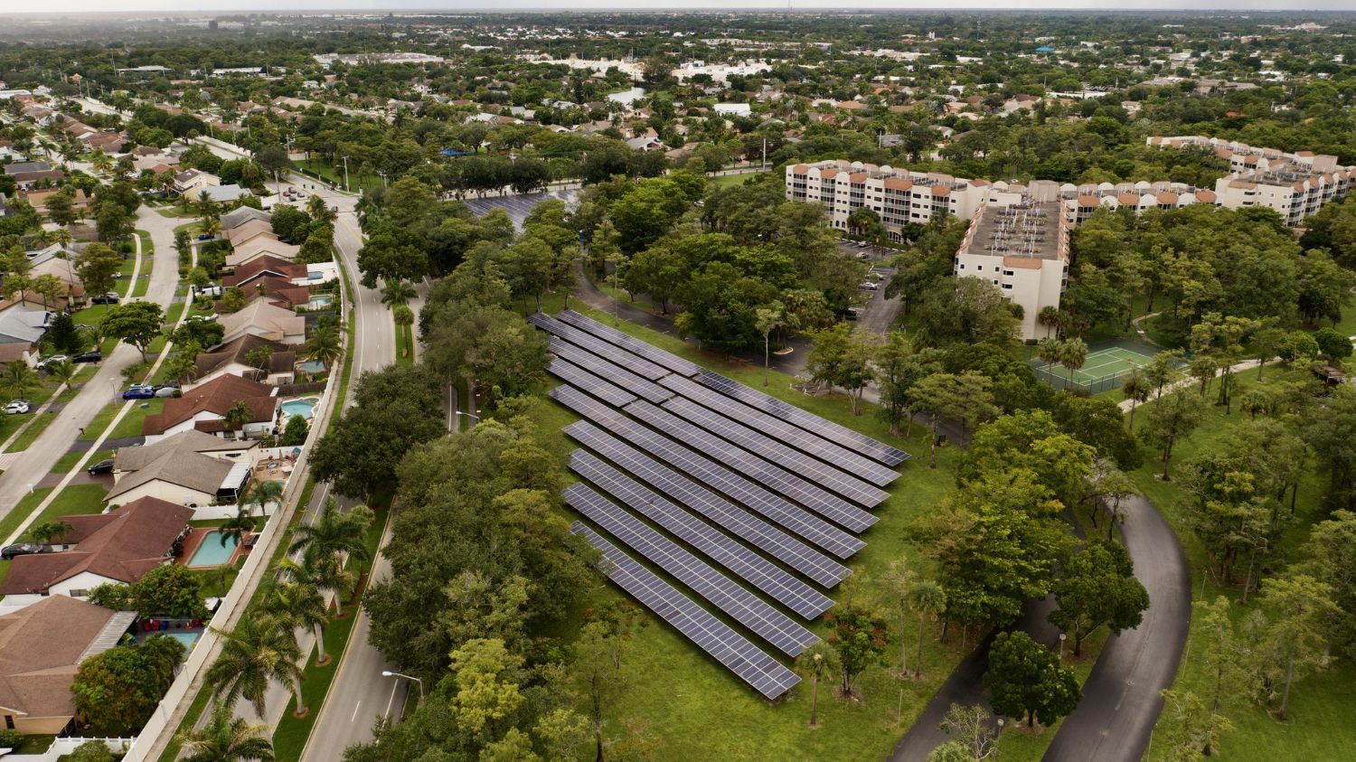 An aerial view of a row of solar panels in a park.