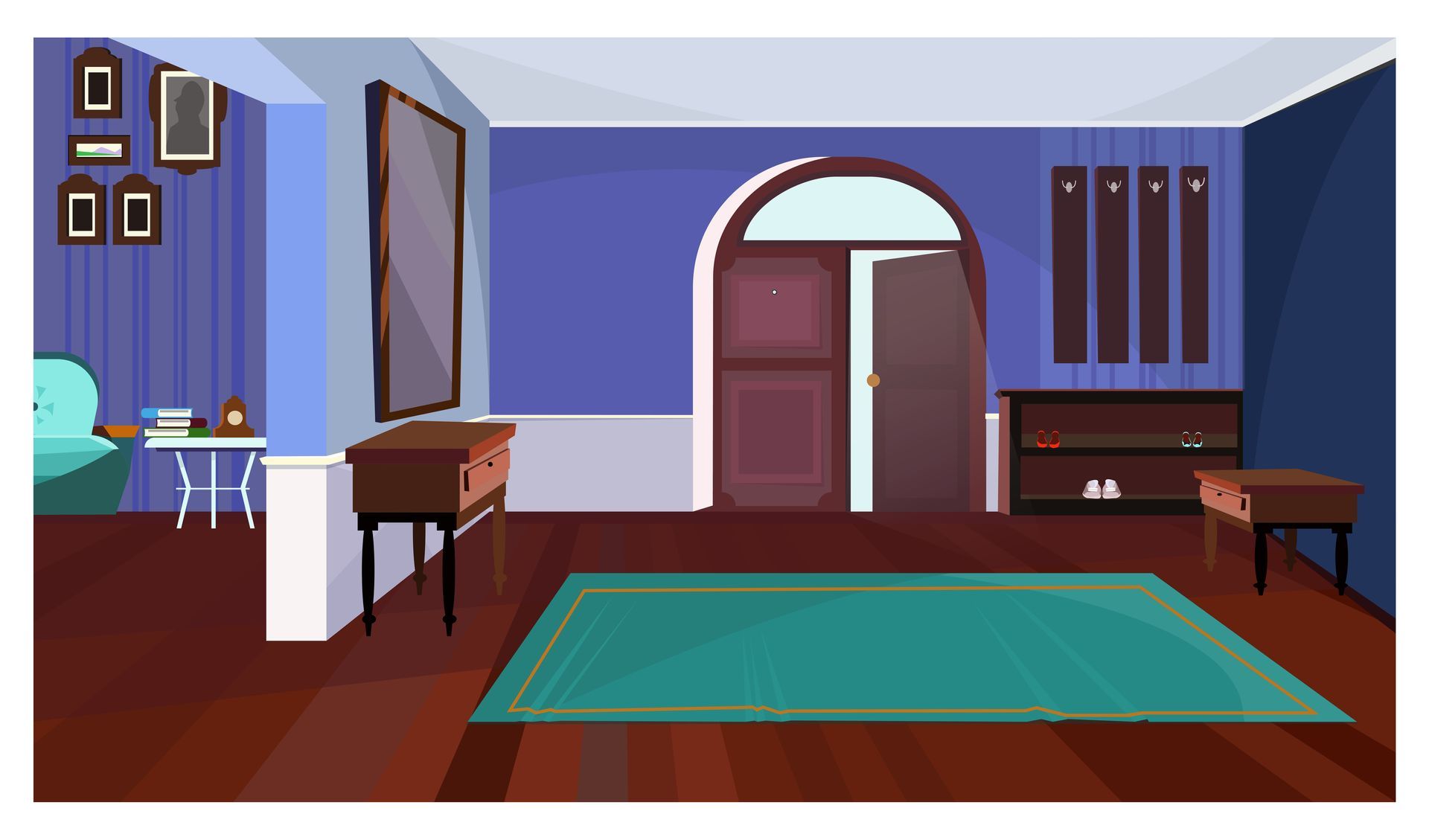 A living room with blue walls and a blue rug.