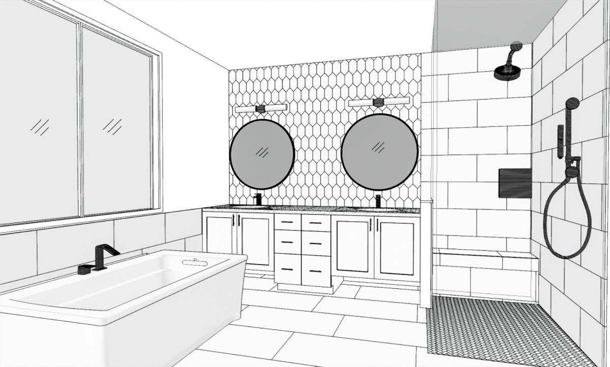 A black and white drawing of a bathroom with two sinks and a shower.