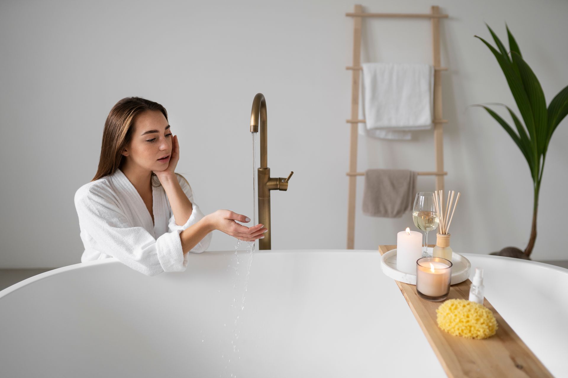 A woman is taking a bath in a bathtub in a bathroom.
