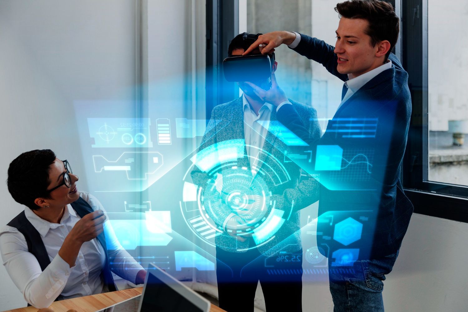 A man wearing a virtual reality headset is standing next to another man.