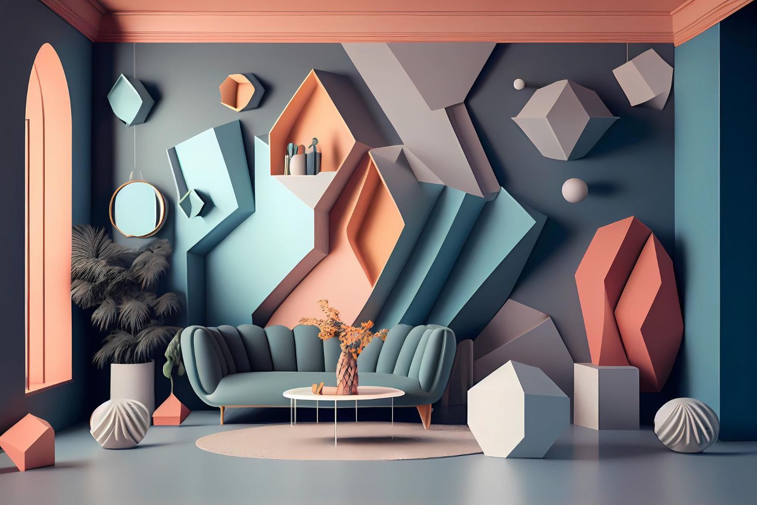 A living room with a couch , table , and geometric shapes on the wall.