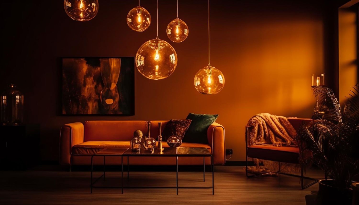 A living room with a couch , chair , coffee table and lamps hanging from the ceiling.