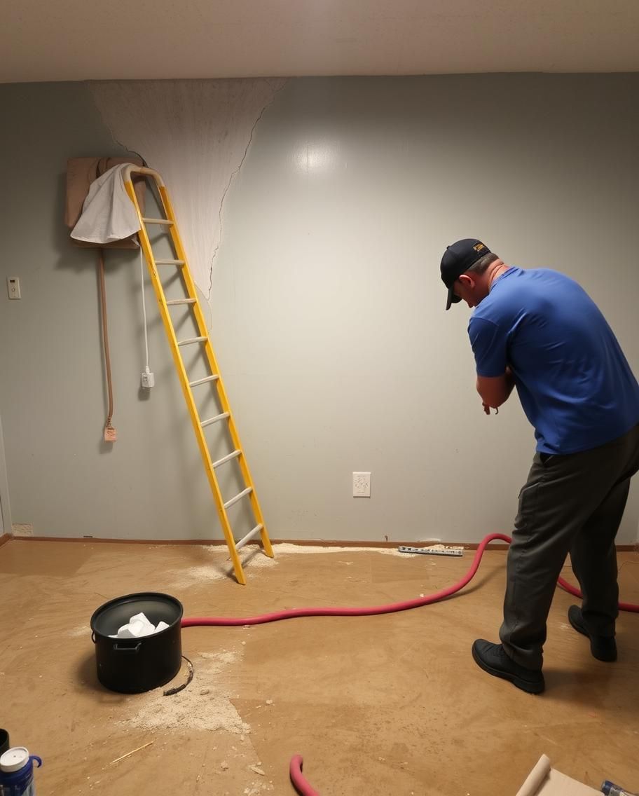 A man in a blue shirt is standing in a room next to a ladder