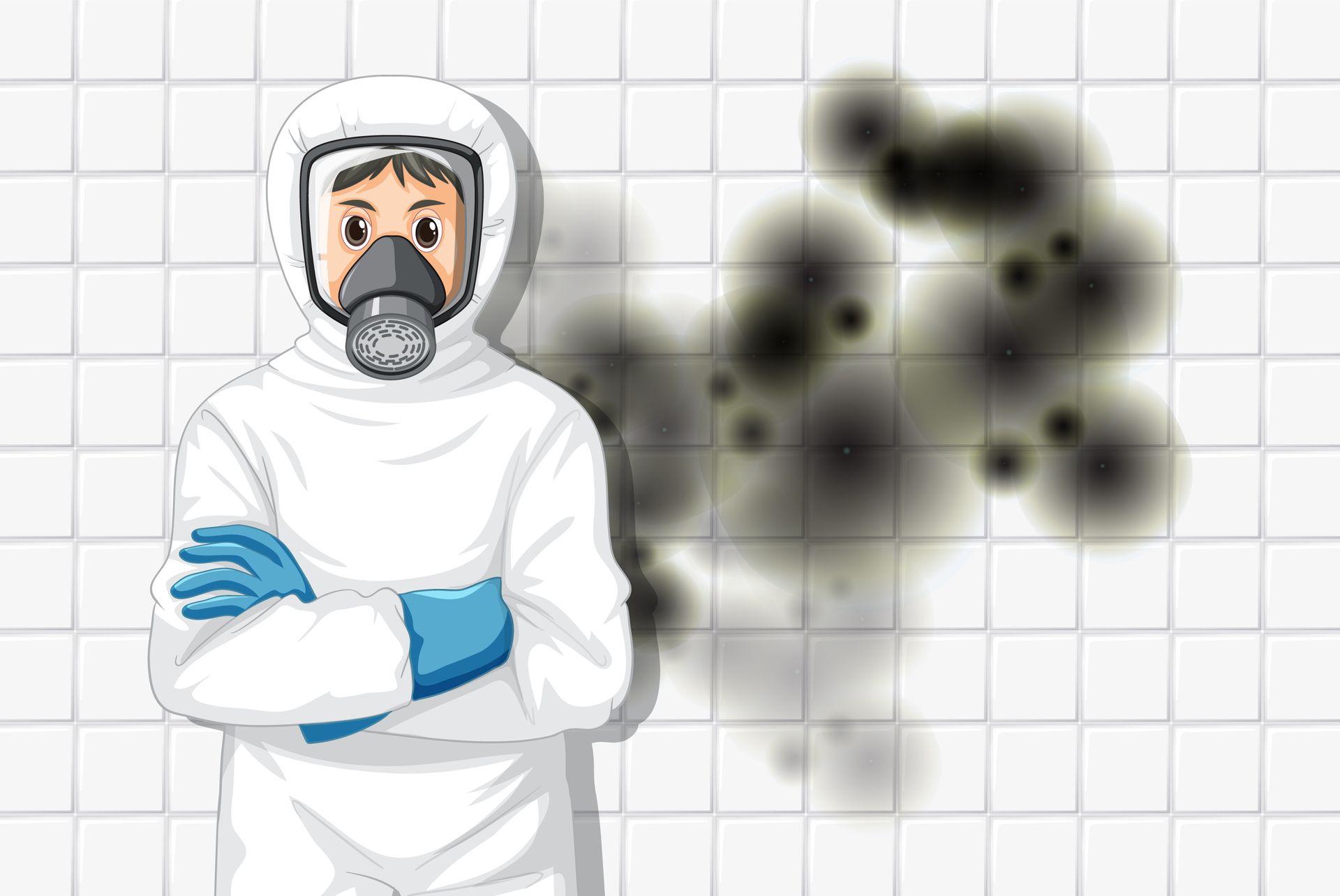 A man in a protective suit is standing in front of a tiled wall.
