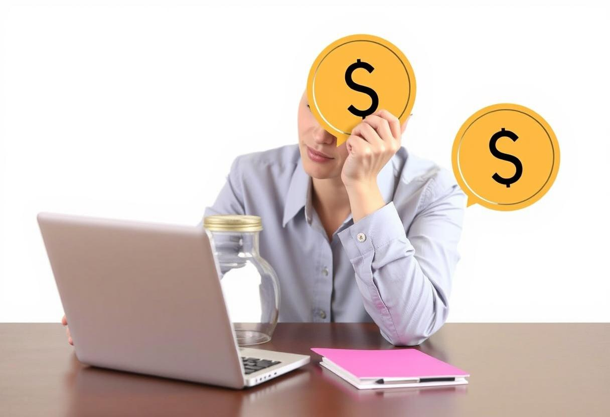 A woman is sitting at a desk with a laptop and holding a dollar sign in front of her face.