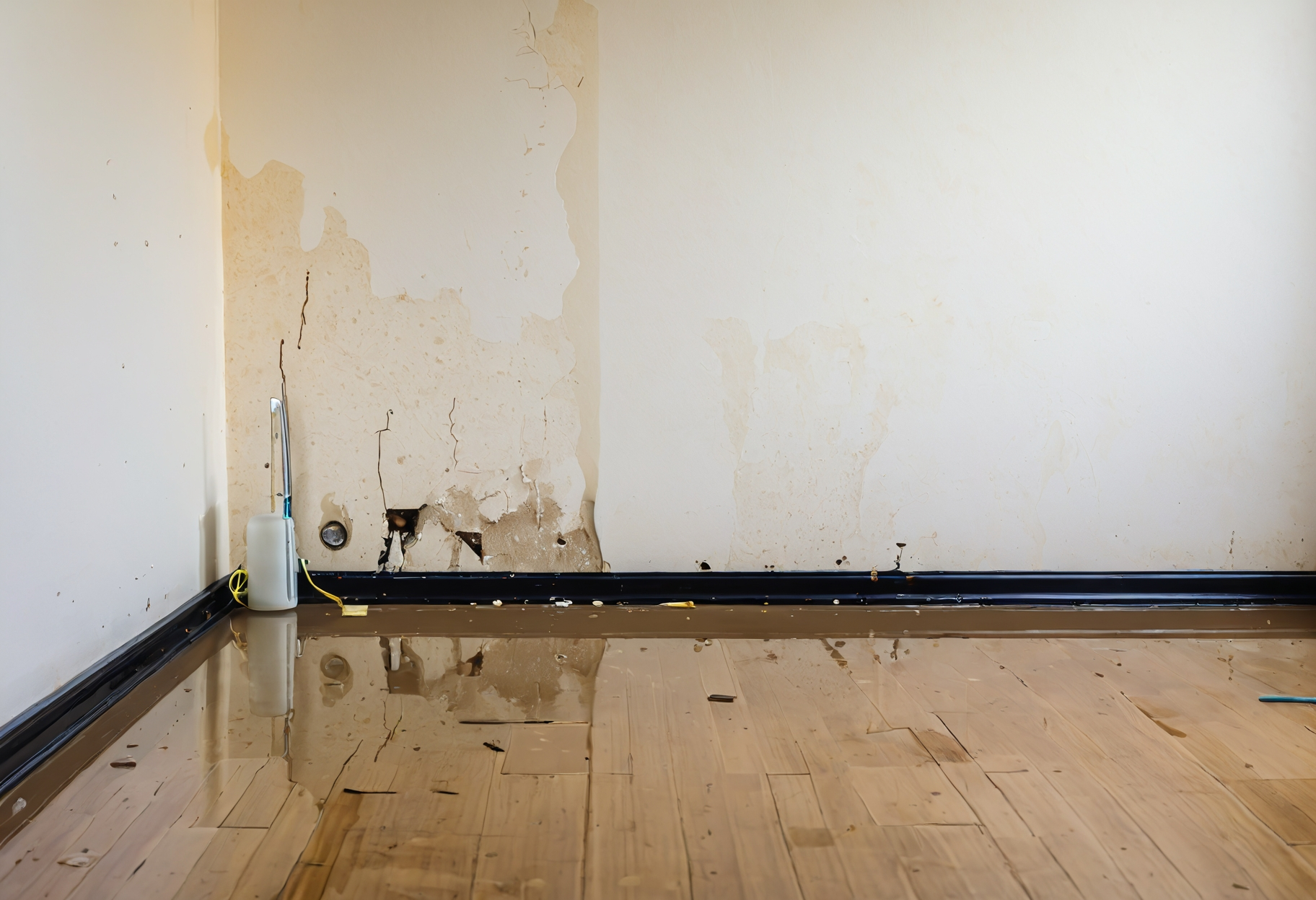 An empty room with a wooden floor and a dirty wall.