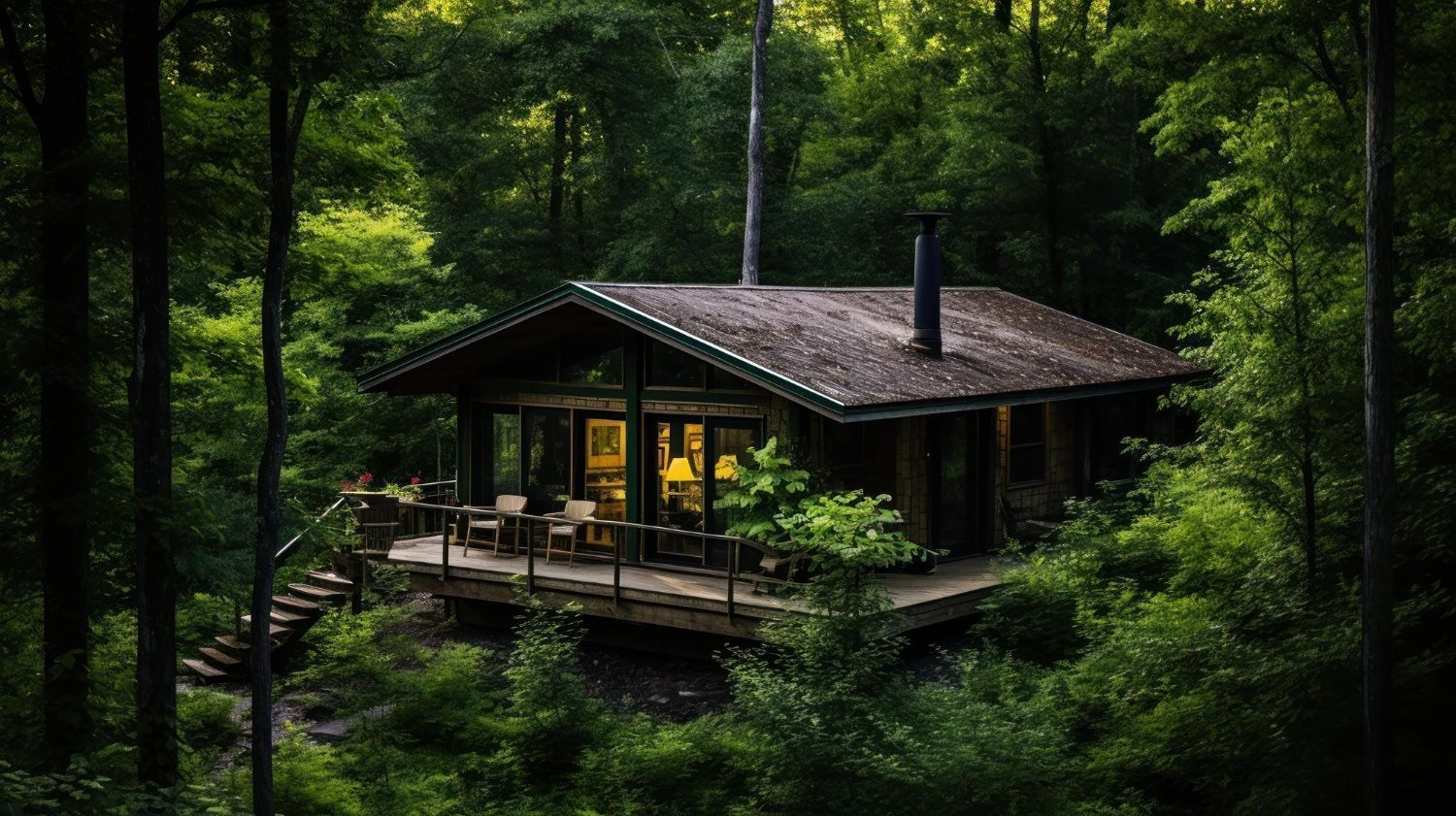 A small cabin in the middle of a forest surrounded by trees.