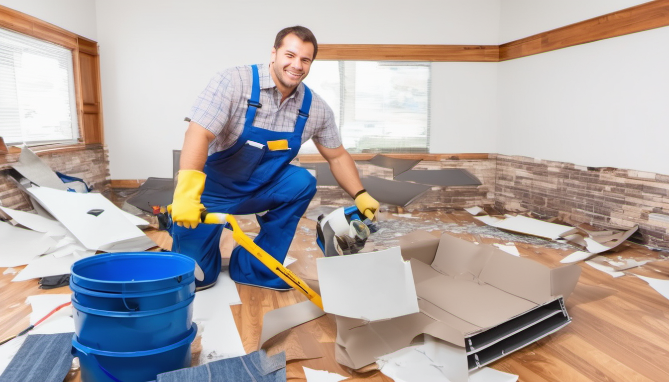 A man is kneeling down in a messy room holding a hammer.