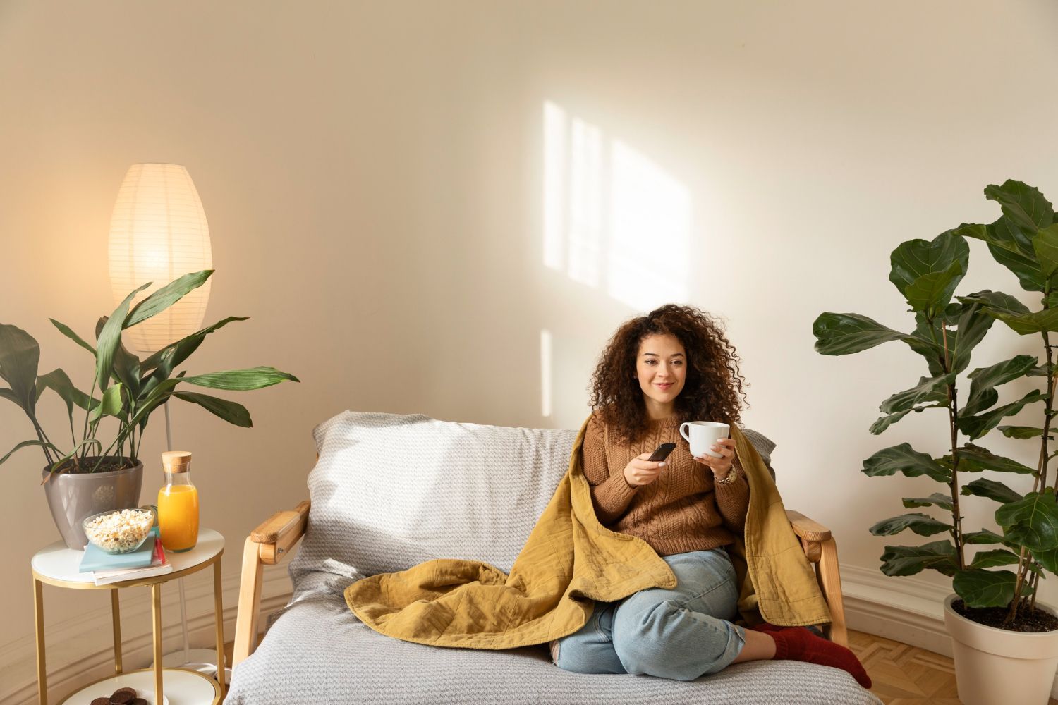 A woman is sitting on a couch with a cup of coffee and a cell phone.
