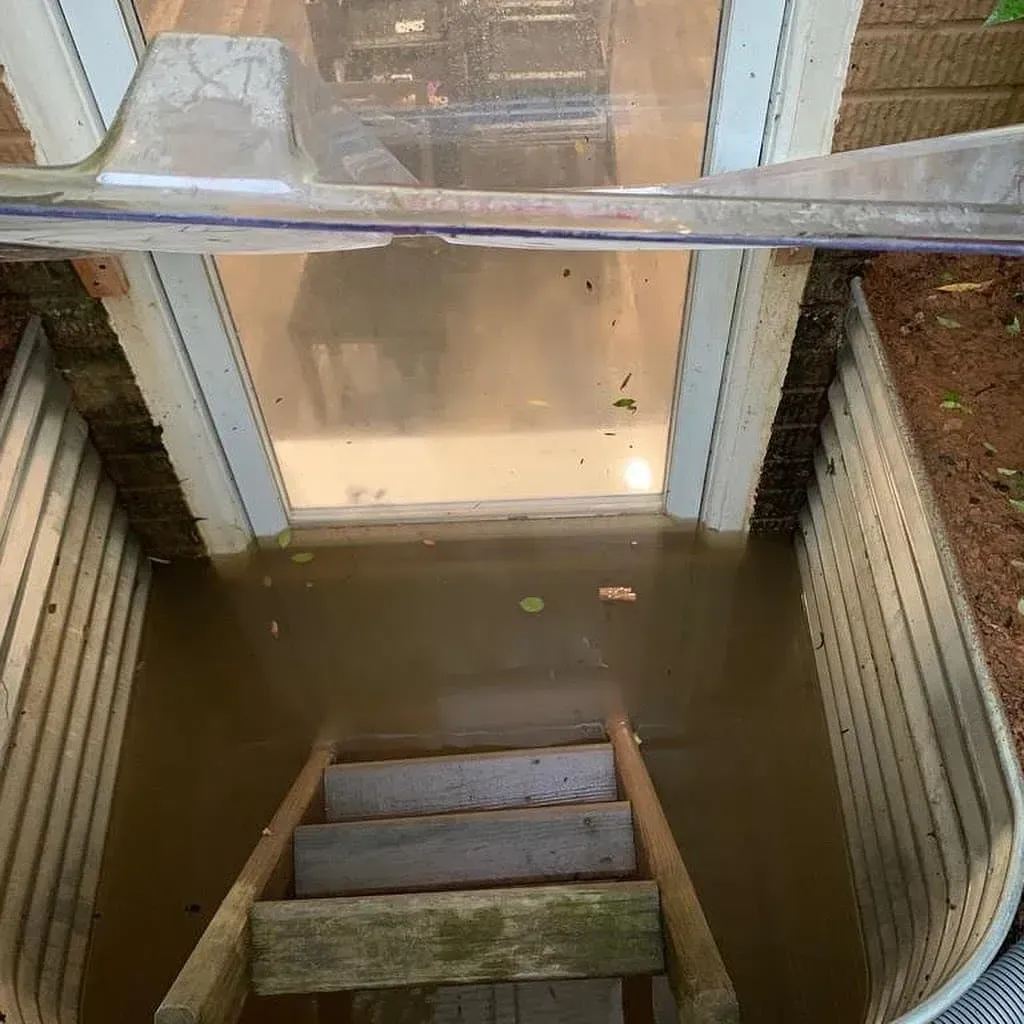A wooden staircase leading up to a flooded basement.