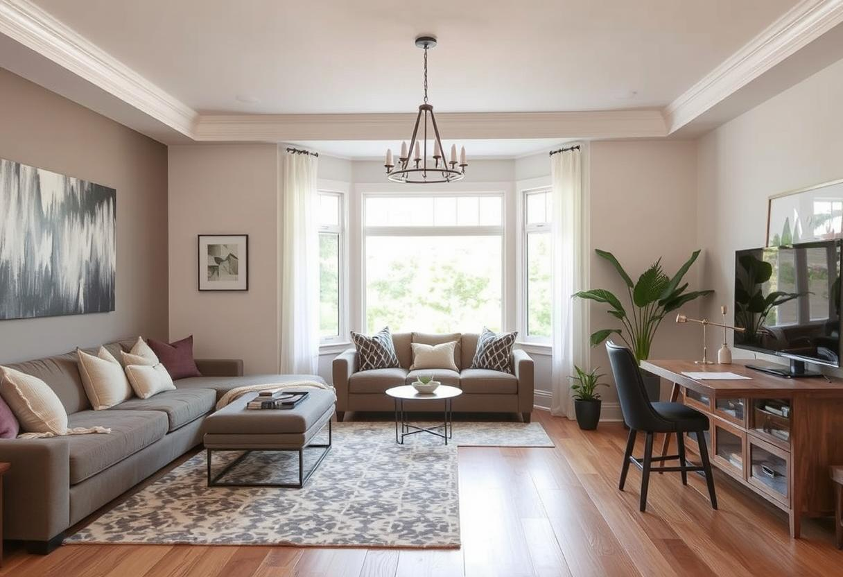 A living room with a couch , desk , and television.