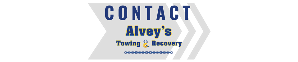 CONTACT Alvey's Towing & Recovery logo with blue text on a gray ribbon banner