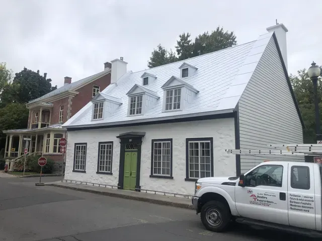 Maison blanche aux boiseries noires, porte verte et toit en métal blanc, située dans une rue de la ville.