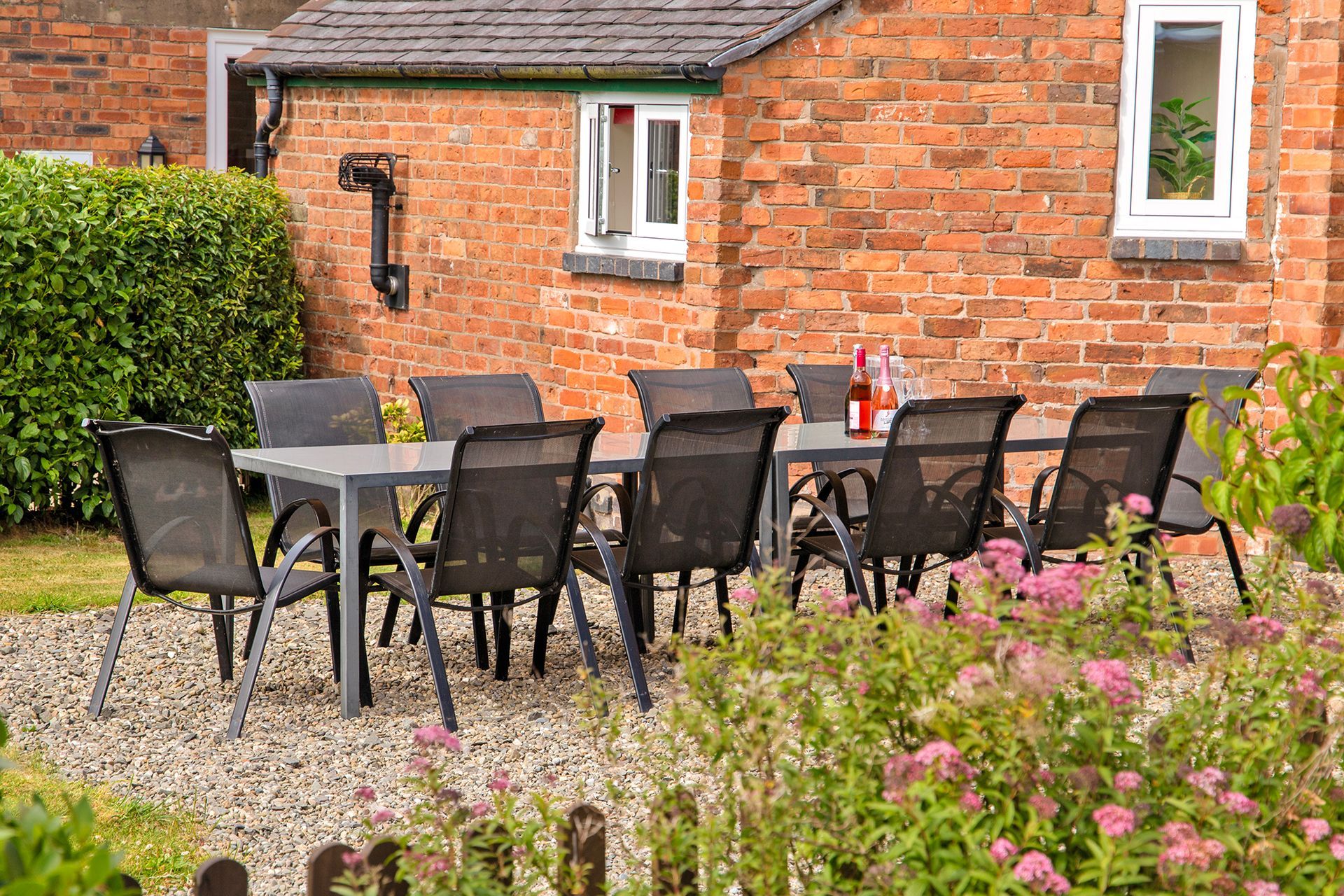 Brick building with a patio table
