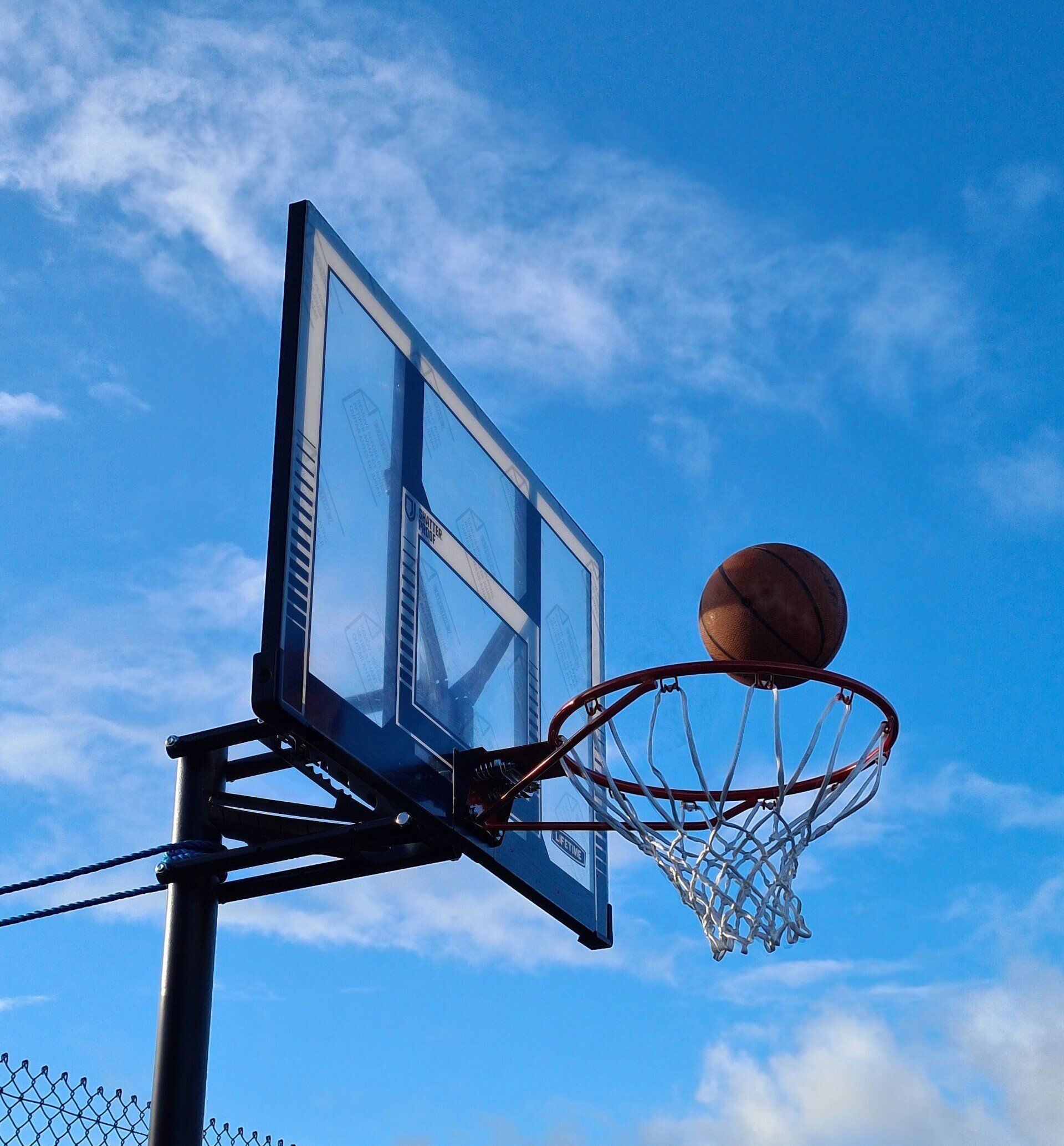 Basketball net and ball with a blue sky