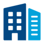 Blue building icon with white windows and a light blue annex