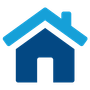 Blue house icon with a light blue roof and a white doorway