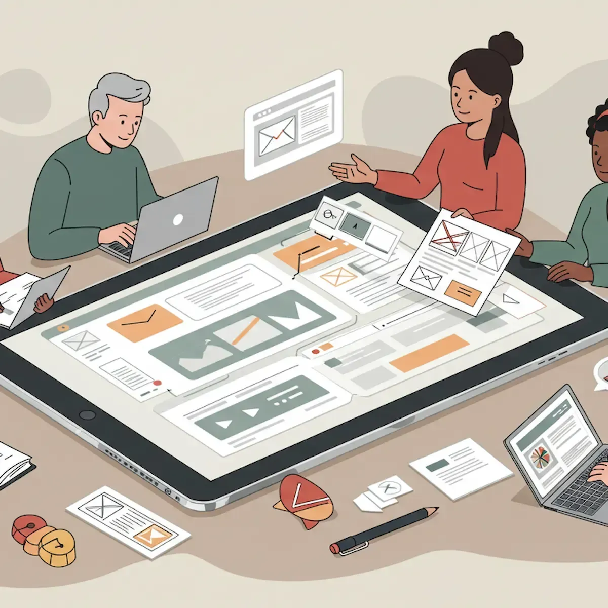 An illustration depicts a collaborative website design meeting taking place around a large tablet displaying various website elements and wireframes. Four individuals are engaged in the discussion: a person working on a laptop to the left, a person gesturing towards the tablet, seemingly explaining a design concept, and two other individuals partially visible on the sides, one on a laptop to the right and another looking at papers on the left. The tablet's screen shows a grid layout with placeholders for images, text, and navigation. Scattered around the tablet are design mockups, sticky notes, pens, and other tools associated with the website design process. Floating above the tablet are digital representations of an email interface and a webpage, further emphasizing the digital nature of the website design work being discussed. The overall color palette is muted and earthy, creating a professional and collaborative atmosphere.