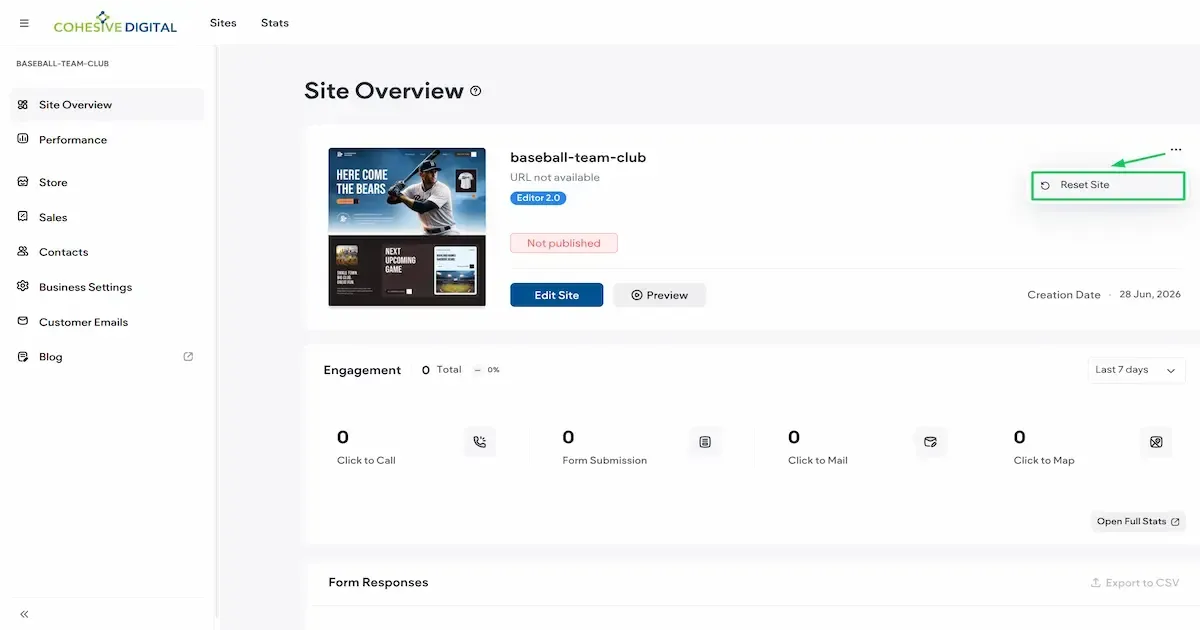 Cohesive Digital dashboard showing the Site Overview with a green arrow pointing to the Reset Site button.