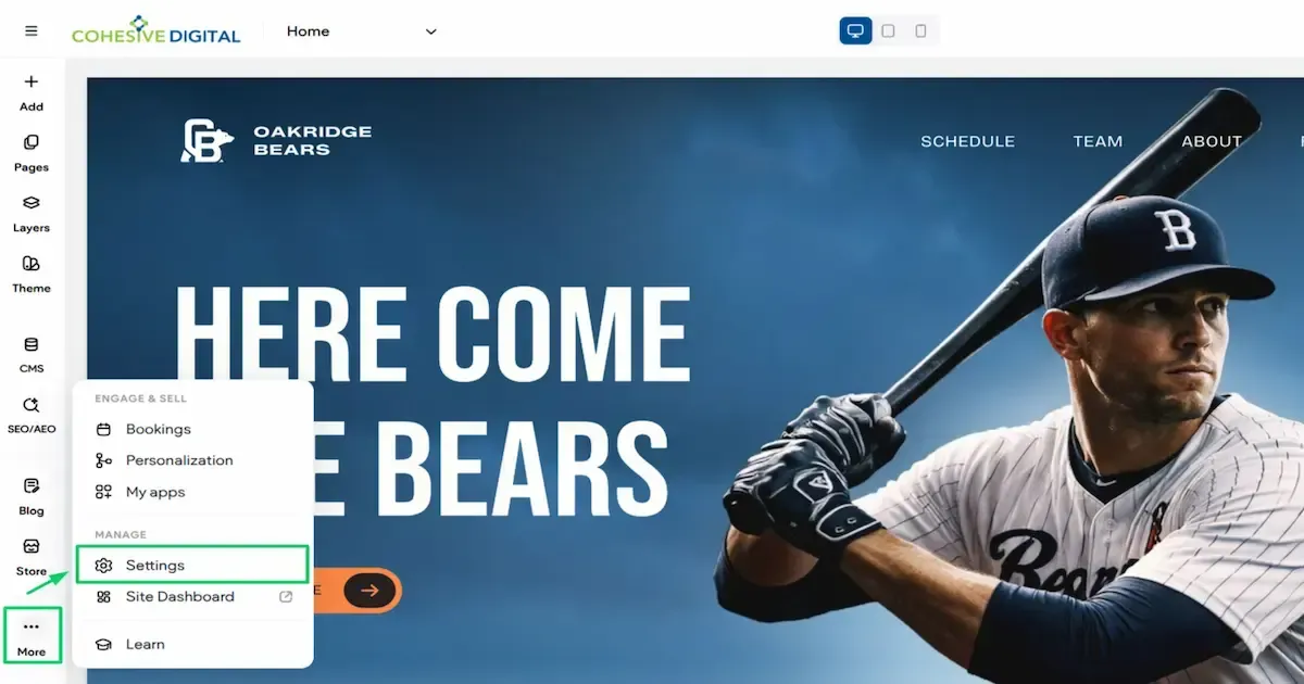 Clicking More and Settings in the Cohesive Digital website builder sidebar.