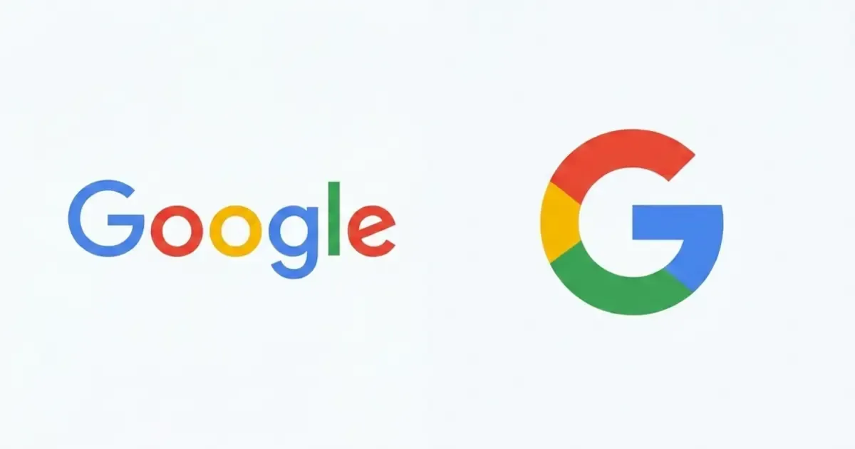 A side-by-side comparison showing the full text Google primary logo used for websites next to their simplified single G square icon used for small spaces.