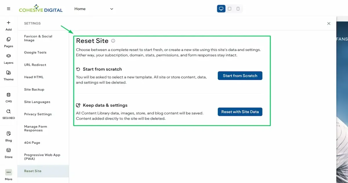 Reset Site popup showing Start from scratch and Reset with Site Data buttons.