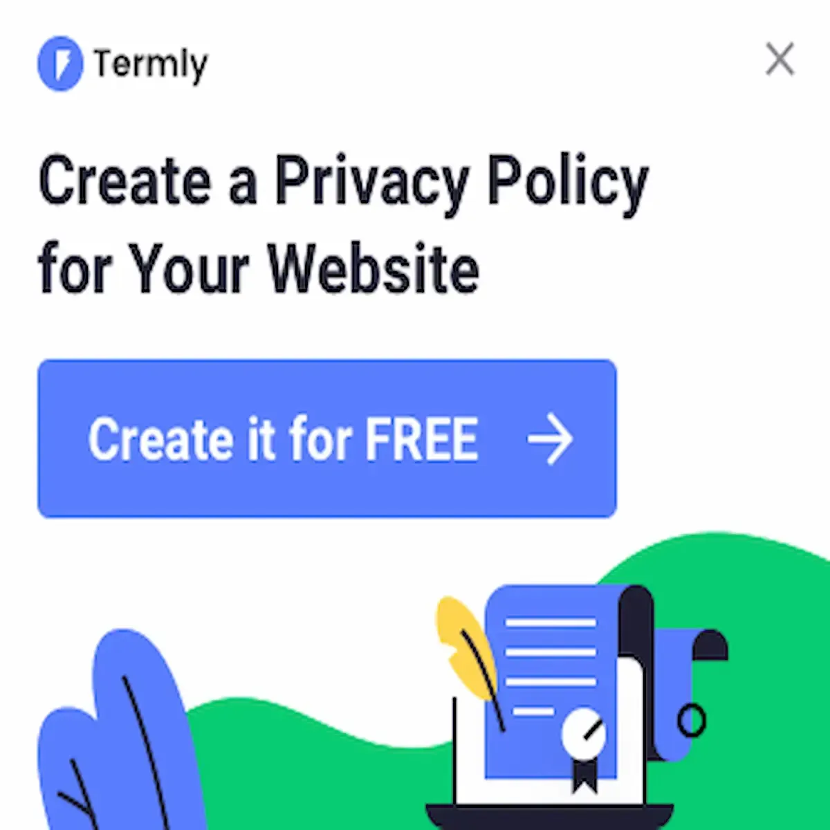 Termly ad for a free website privacy policy generator, featuring a digital document and quill.