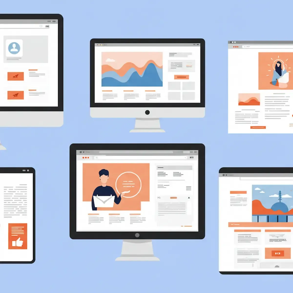 Six digital screens display various stages and styles of website design, suggesting the functionality of a website builder. Each screen shows a different layout and visual theme, hinting at the diverse customization options available. The interfaces include elements like user profiles, image galleries, blog layouts, and contact forms, all presented in a clean, modern, and illustrative style against a light blue background.