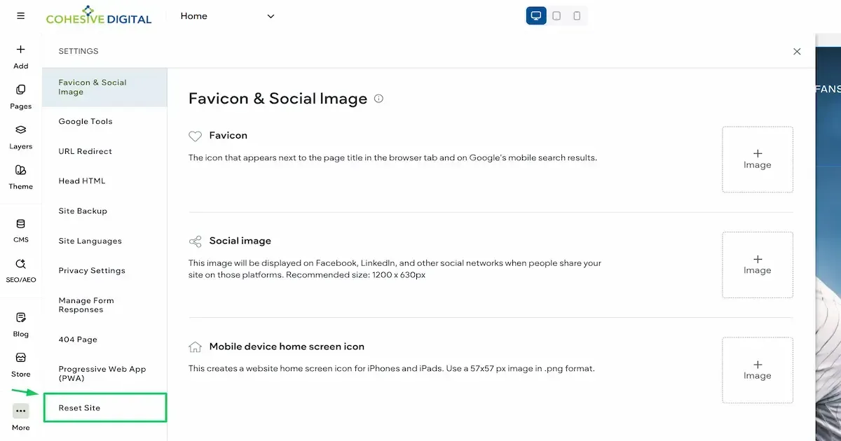 Clicking the Reset Site option in the settings menu of the website builder.