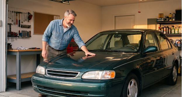 Man leaning on a green sedan in a garage with tools and shelves in the background