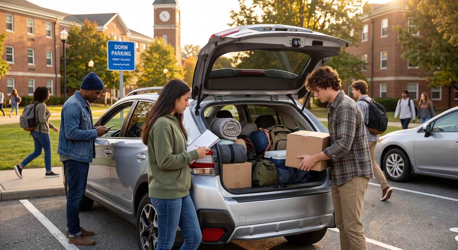 People unloading boxes from an open SUV in a campus parking lot