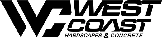 Logo for West Coast Hardscapes & Concrete featuring a stylized WC emblem followed by bold, black text.