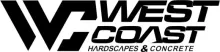 Logo for West Coast Hardscapes & Concrete featuring a stylized WC emblem followed by bold, black text.