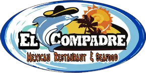 El Compadre Mexican Restaurant & Seafood logo with sombrero, palm trees, and sun over blue oval
