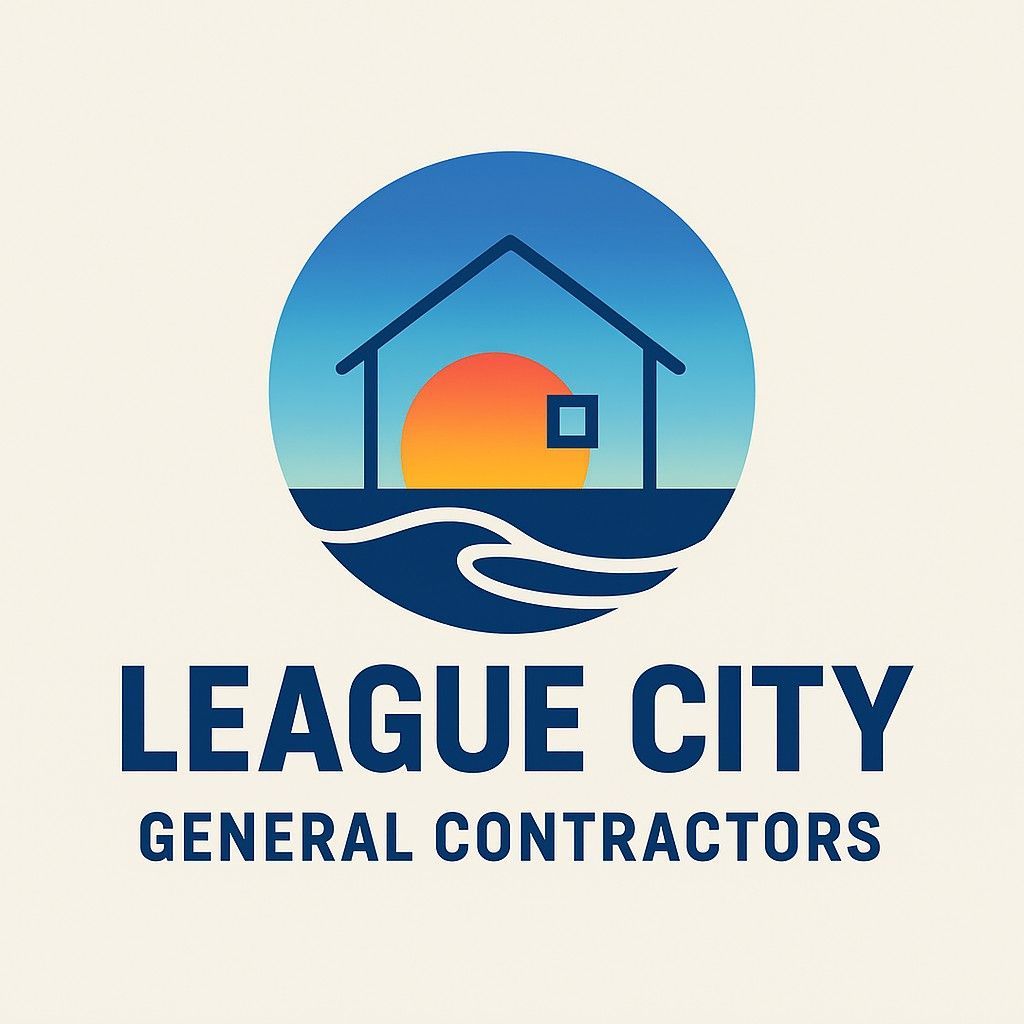 Logo for League City General Contractors: Blue circle with a house silhouette over an orange sun, above wavy lines. 