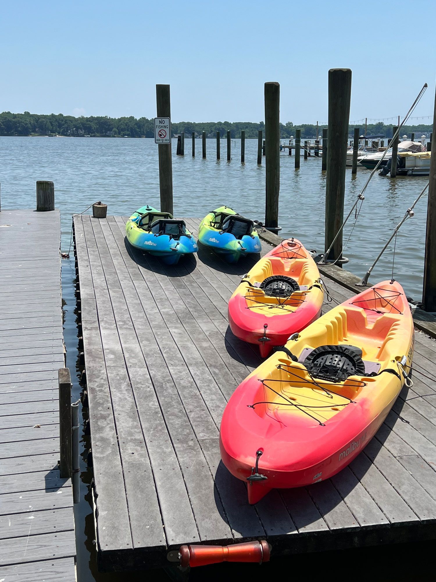 Kayaks docked on a wooden pier beside a calm lake, with blue sky and distant shoreline.