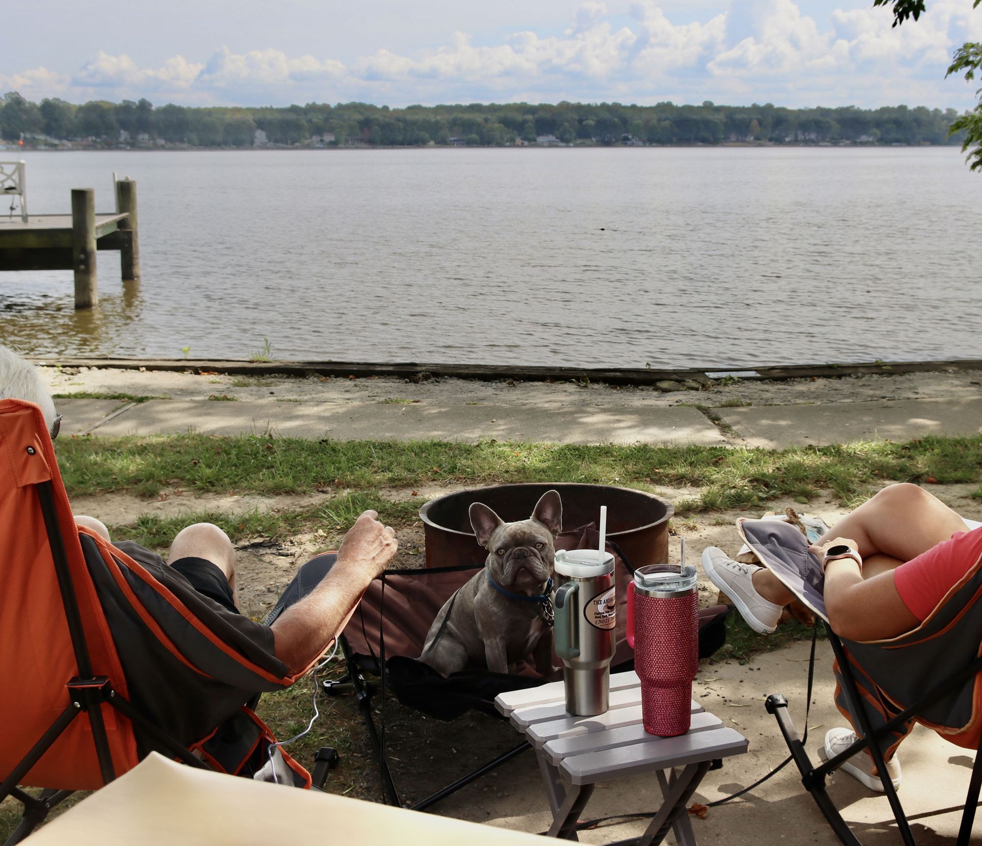 Dog relaxing between chairs by a lakeside, with a dock, drinks, and water view.