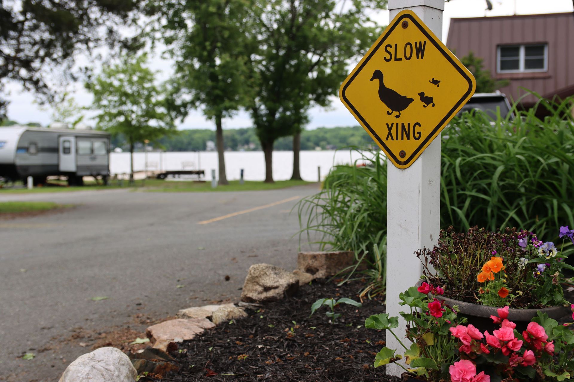 Yellow “Slow Xing” sign beside flowers near a driveway by a lake.