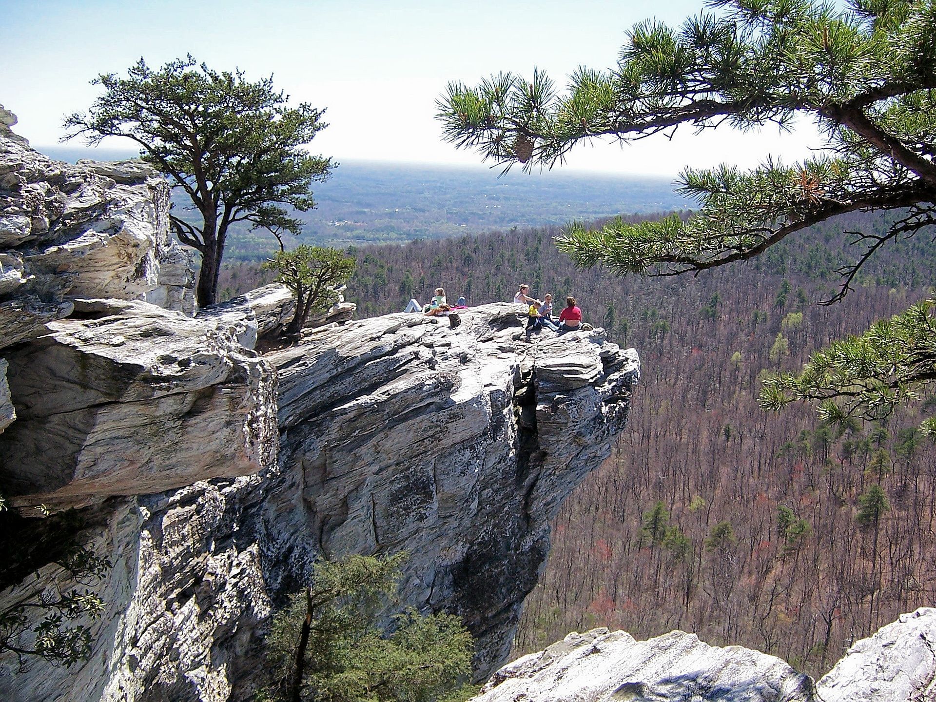 Hikers on a rocky cliff overlook a forested valley under a clear sky
