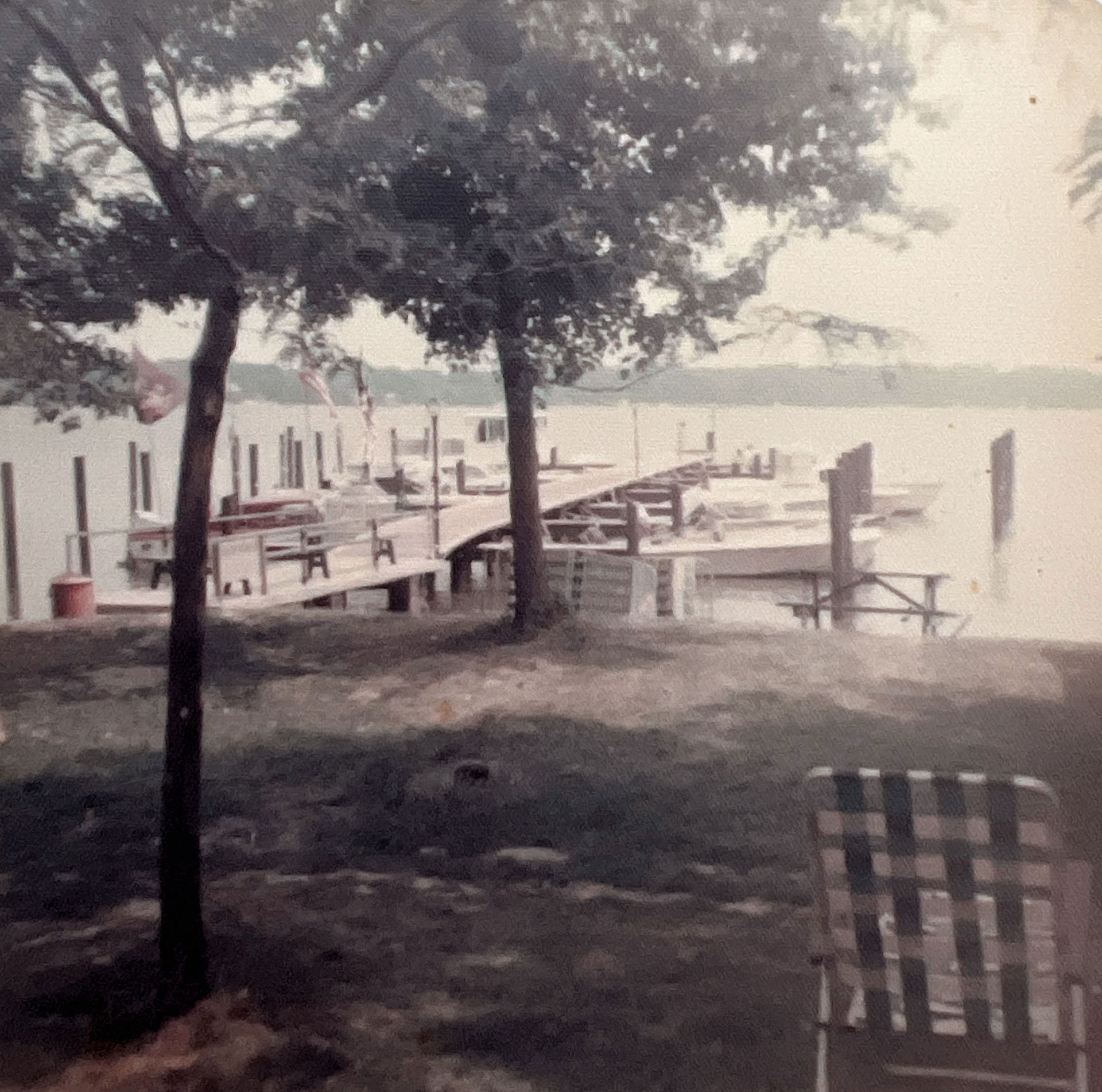 Shaded lakeside dock with trees, benches, and calm water at sunset