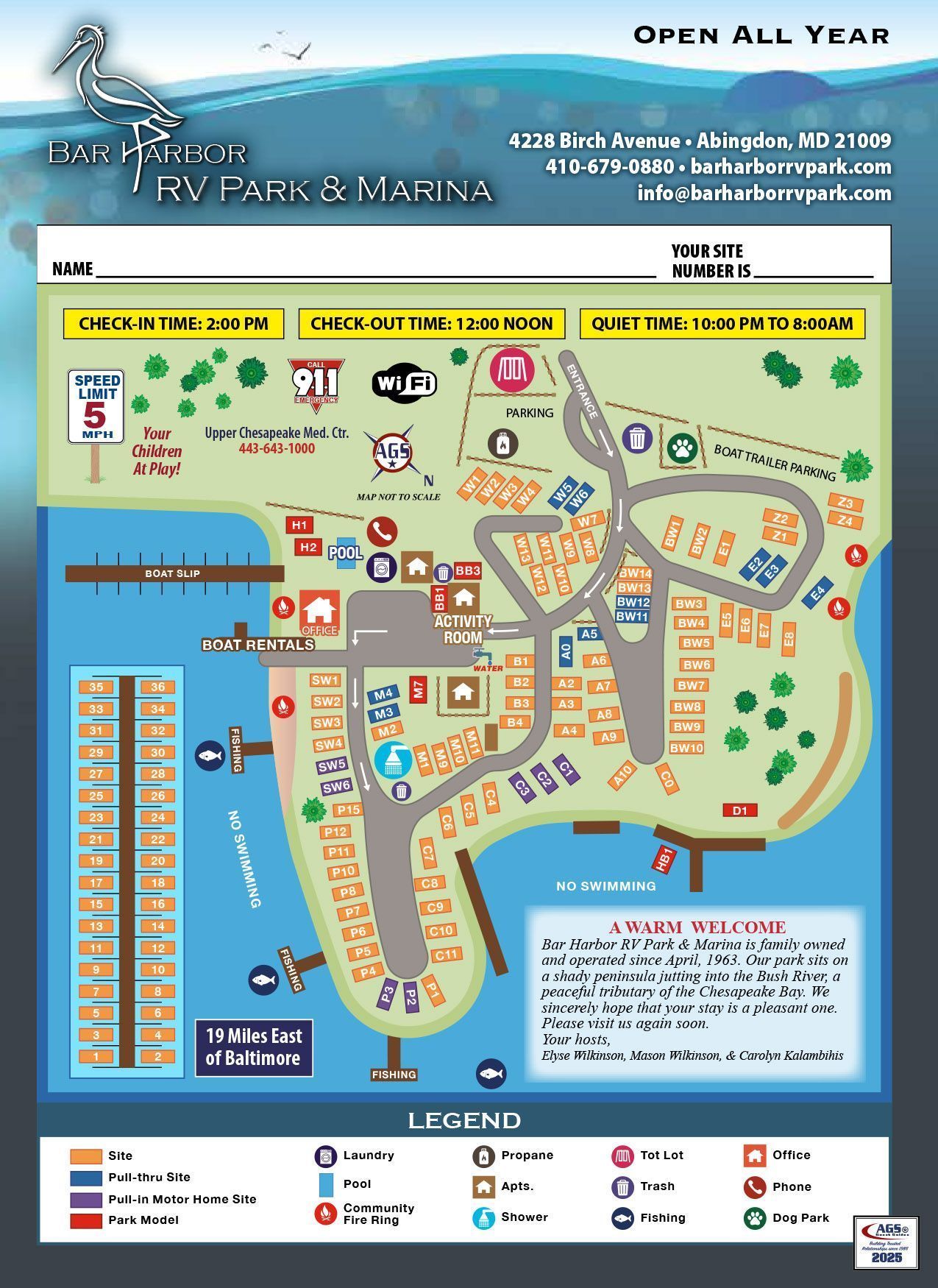 Colorful RV park map with roads, campsites, marina, amenities, and legend in blue and tan.