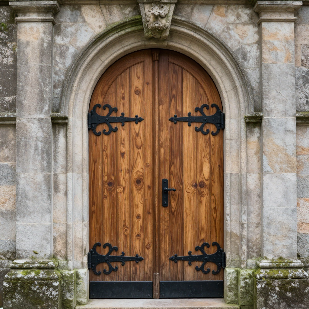 Arched wooden door with black iron hinges in a stone building facade