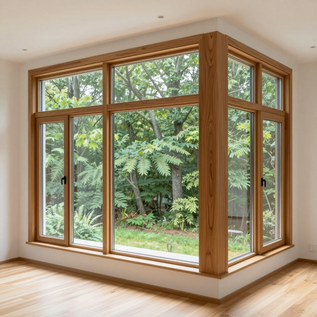 Large corner windows with wooden frames overlooking a green wooded yard in a bright empty room