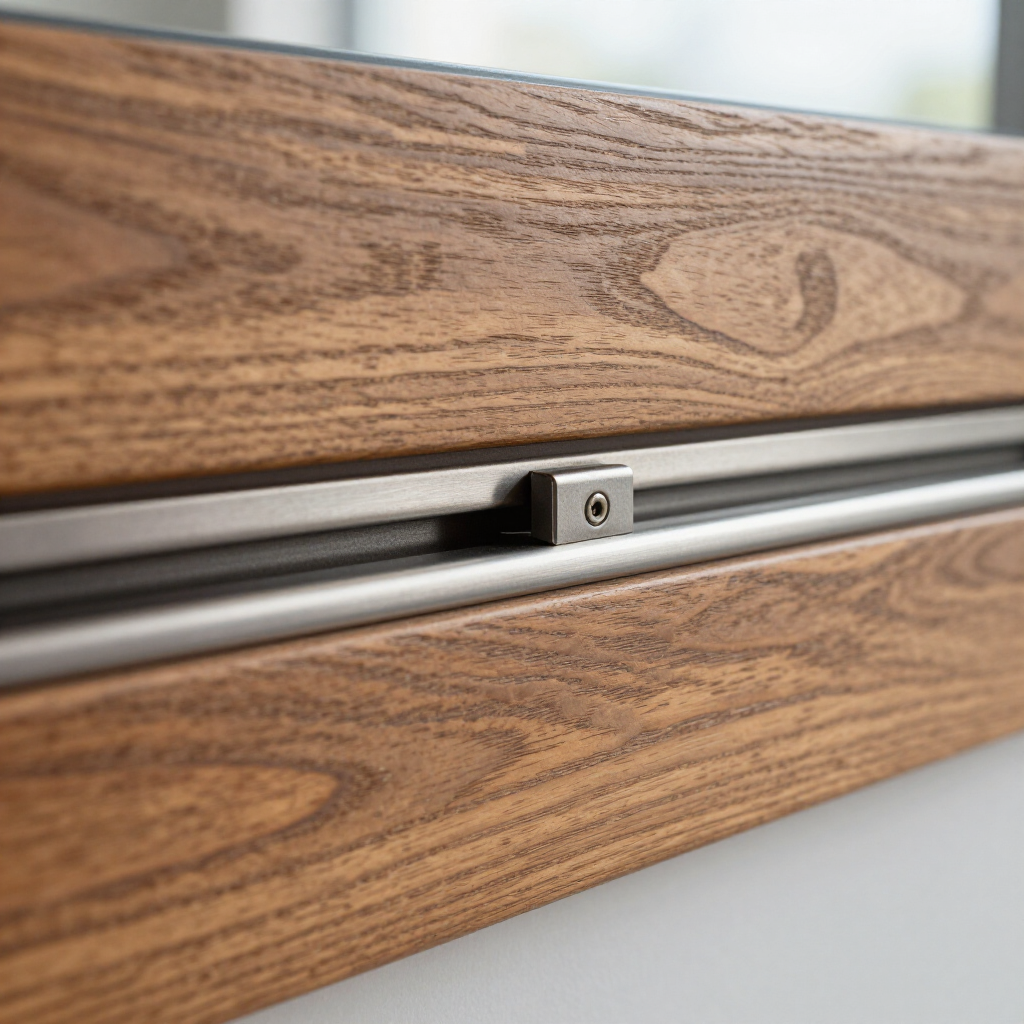Close-up of a wood-grain drawer front with a metal sliding track and small center bracket