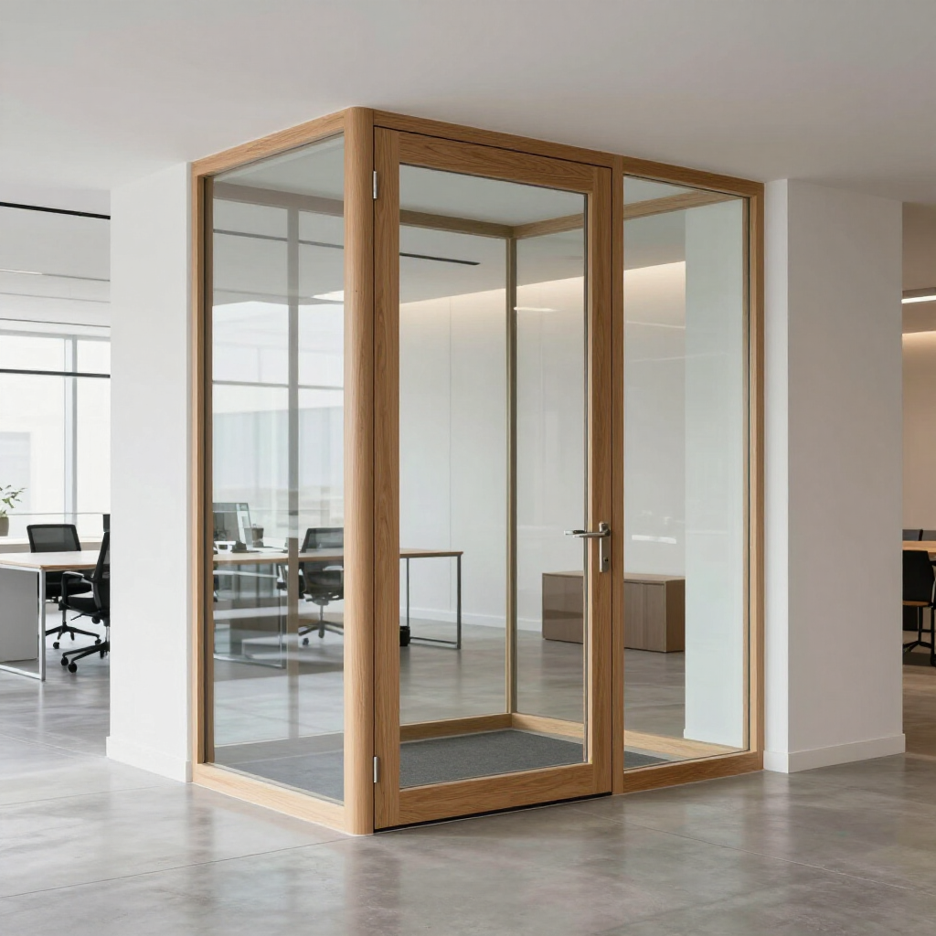 Wood-framed glass office meeting room pod in a modern open-plan workspace