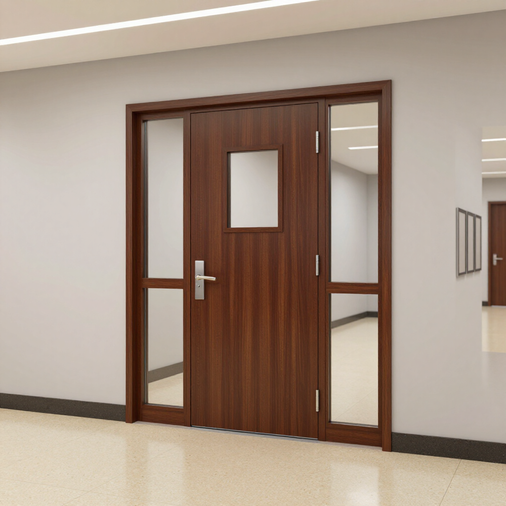Wooden office door with narrow frosted glass panels in a beige hallway